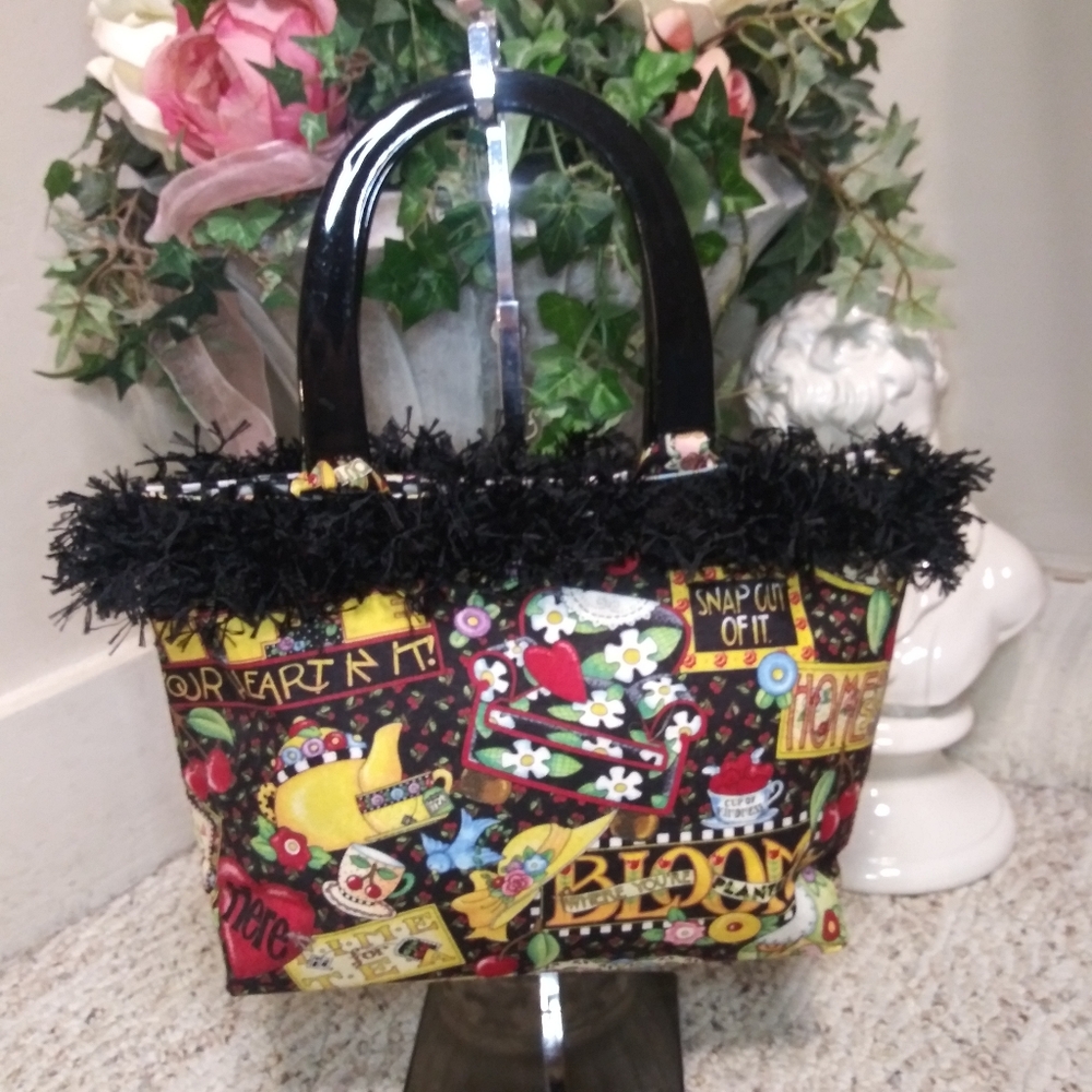 Vintage Mary Engelbreit Motto Design Black/Multi Fringe Trimmed Fabric Purse - Picture 6 of 8